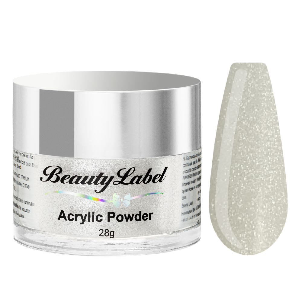 Beauty Label Acrylic Color Powder #05 in wit met zilveren gloed en fijne glitter, perfect voor een subtiele sprankeling in acryl nagels.
