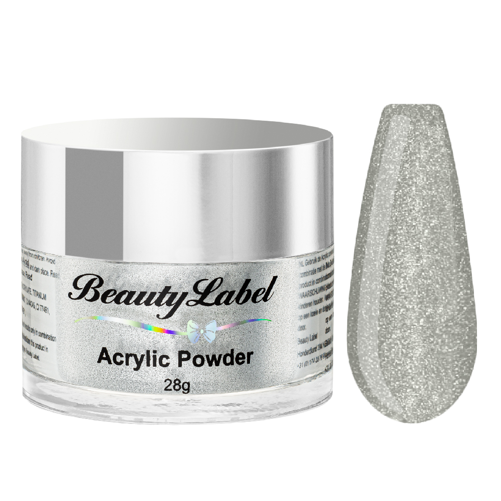Beauty Label Acrylic Color Powder #06 in zilver met shimmer, ideaal voor een elegante glinsterende acryl nagel look.