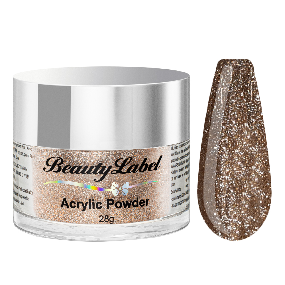 Beauty Label Acrylic Color Powder #10 in een goud-bronzen kleur met glitter voor een warme, glinsterende afwerking op de nagels.