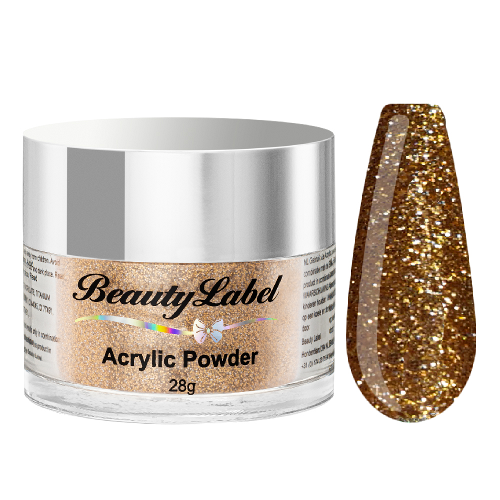 Beauty Label Acrylic Color Powder #11 in een sprankelende gouden kleur met glitter voor een luxe nagelstyling.