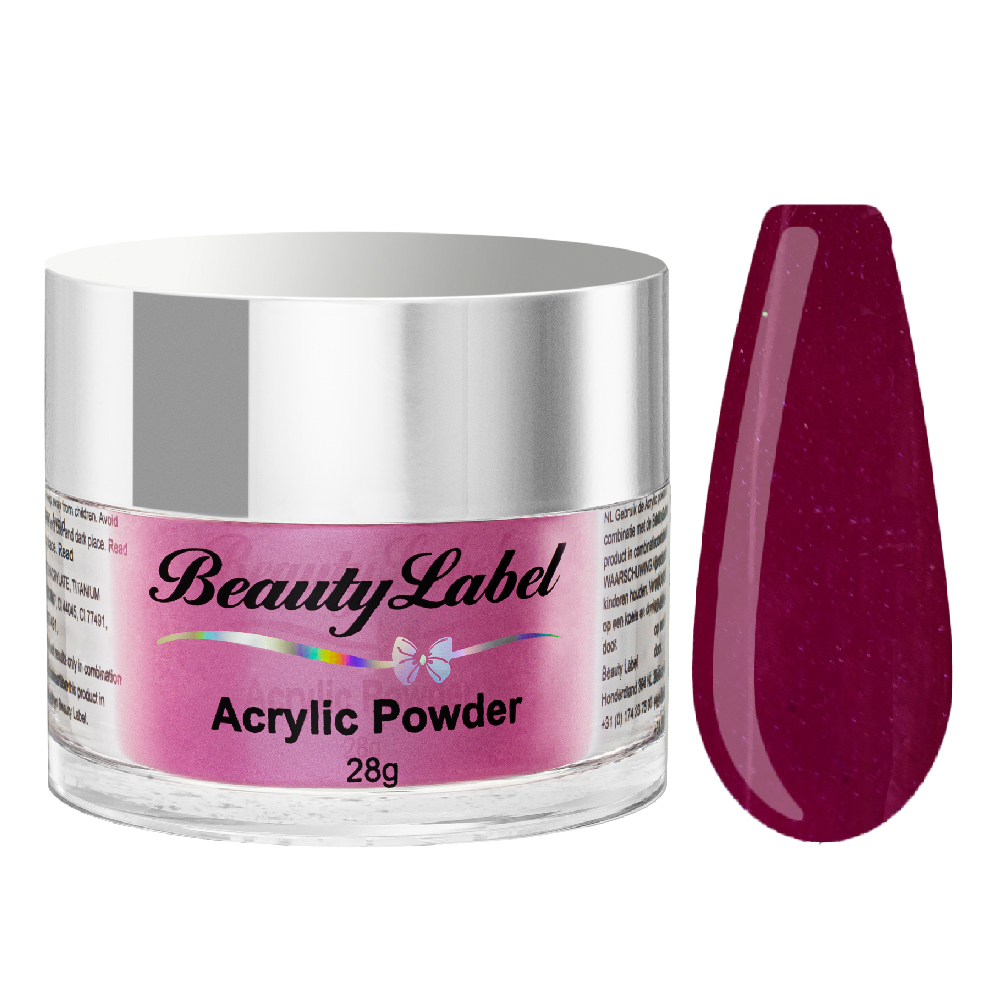 Beauty Label Acrylic Color Powder #25 in een paars-rode kleur, perfect voor een diepe, rijke nagelkleur.