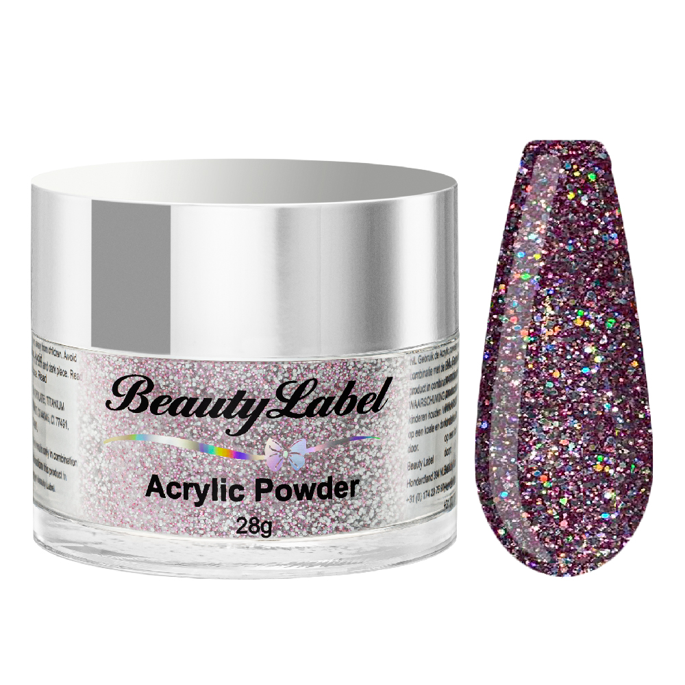Beauty Label Acrylic Color Powder #31 in een licht paarse kleur met glitters voor een sprankelende en delicate afwerking.