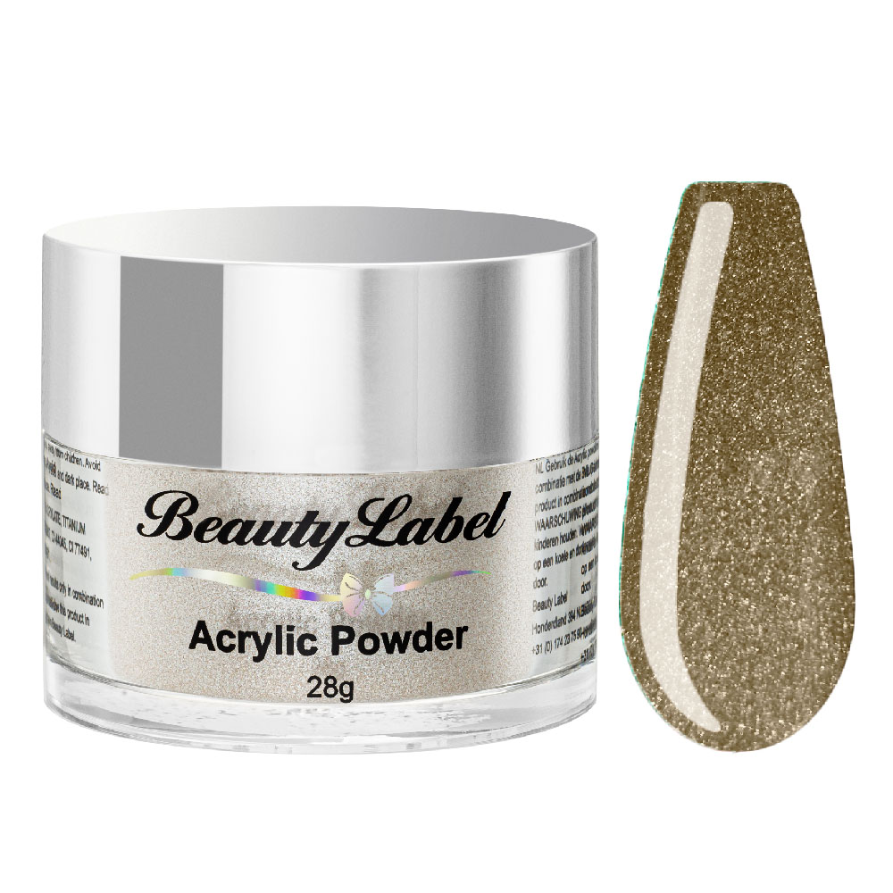 Beauty Label Acrylic Color Powder #41 in een beige bruine nude kleur met subtiele glitters, perfect voor een elegante nagelstyling.