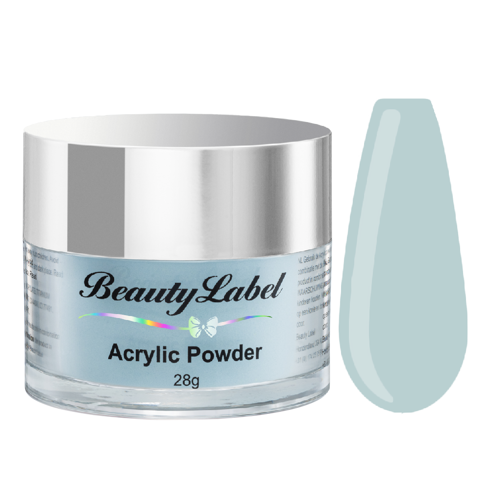 Beauty Label Acrylic Color Powder #54 in licht blauwe pastel kleur – zachte en frisse acrylpoeder voor een rustige uitstraling.