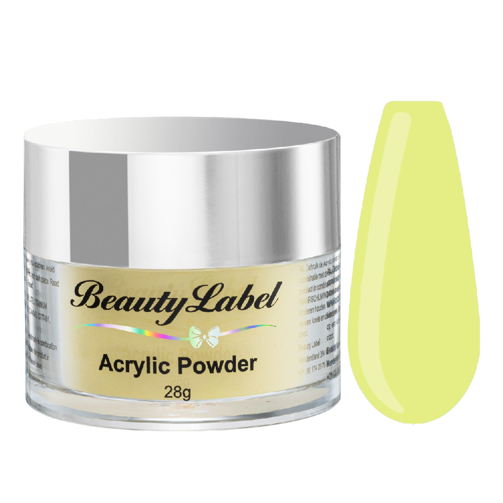 Beauty Label Acrylic Color Powder #55 in licht gele pastel kleur – zachte acrylpoeder voor een frisse, zonnige uitstraling.