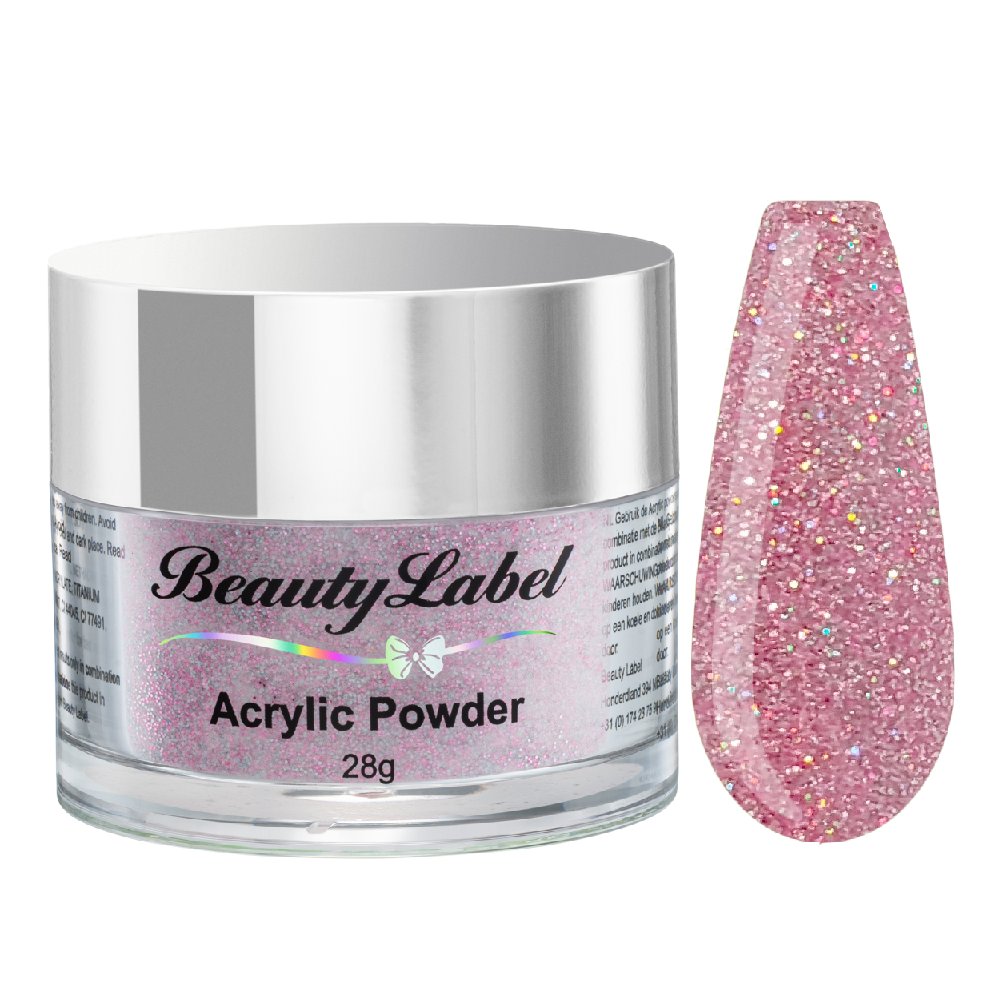 Beauty Label Acrylic Color Powder #59 in licht roze pastel kleur met glitters – acrylpoeder voor een zachte en glinsterende afwerking.