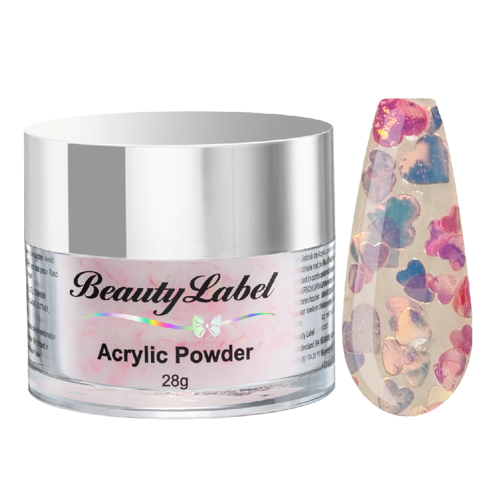 Beauty Label Acrylic Color Powder #61 in transparante kleur met lichtroze glitterhartjes – acrylpoeder met een schattige glitterafwerking.