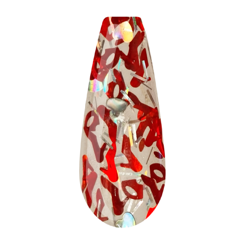 Beauty Label Acrylic Color Powder #63 in transparante kleur met rode en zilveren vorm glitter, perfect voor een feestelijke en opvallende nailart.