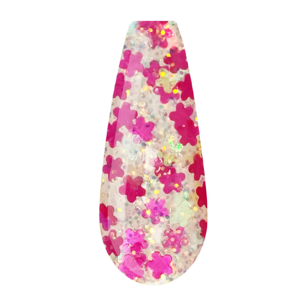 Beauty Label Acrylic Color Powder #64 in transparante kleur met roze en zilveren glitter, ideaal voor een subtiele glitterafwerking op nagels.