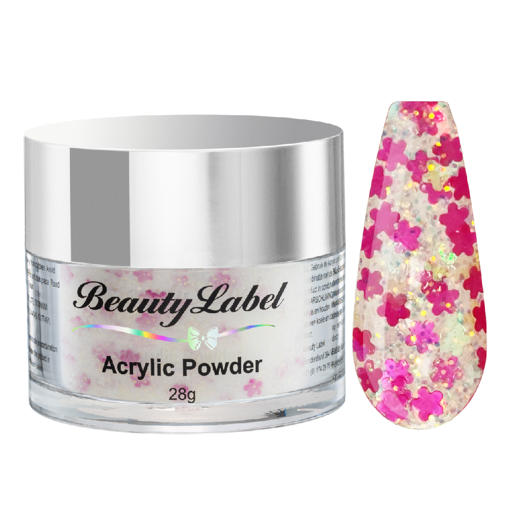 Beauty Label Acrylic Color Powder #64 in transparante kleur met roze en zilveren glitter, ideaal voor een subtiele glitterafwerking op nagels.