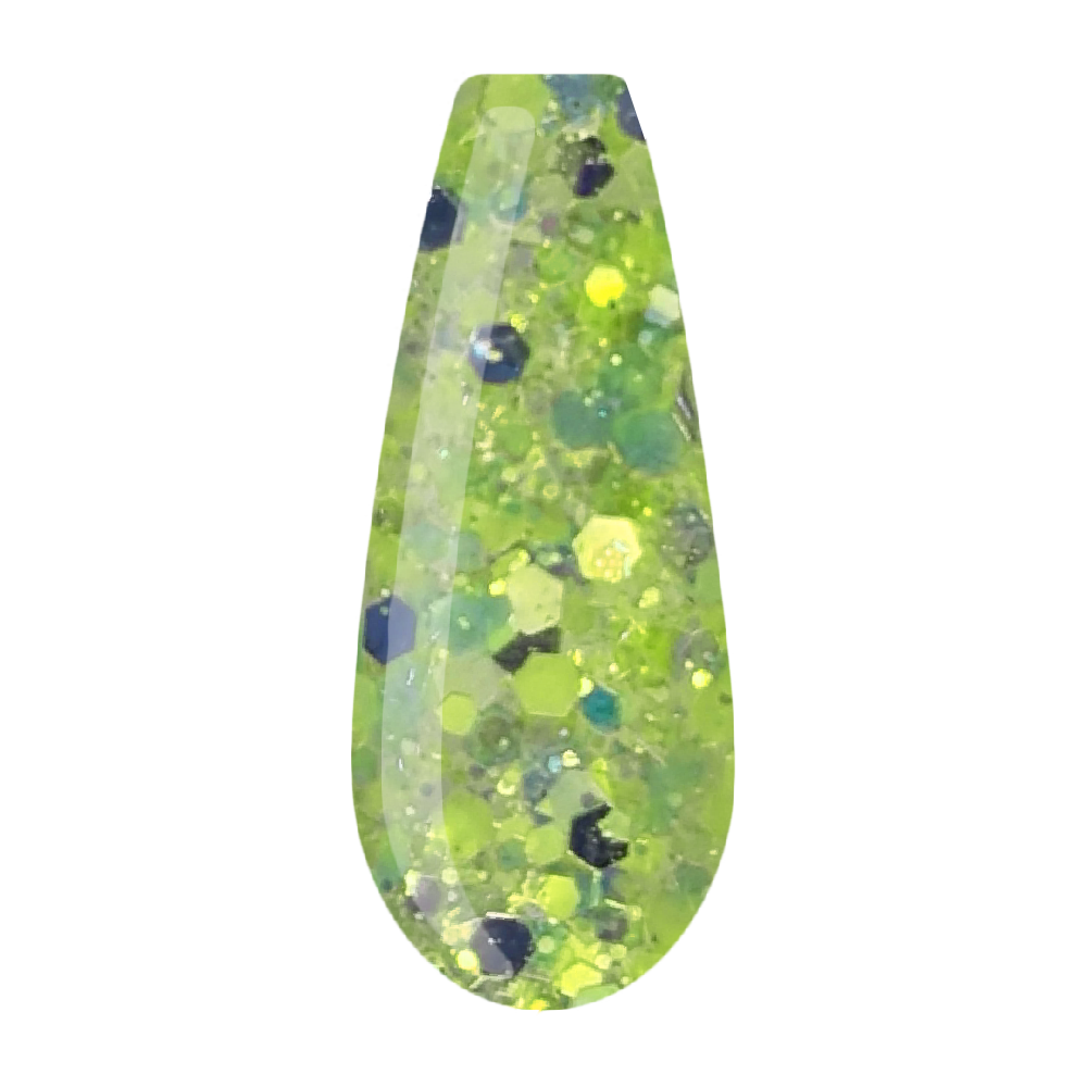 Beauty Label Acrylic Color Powder #66 in transparante kleur met groen en zilveren glitter, ideaal voor een sprankelende en frisse nagelafwerking.