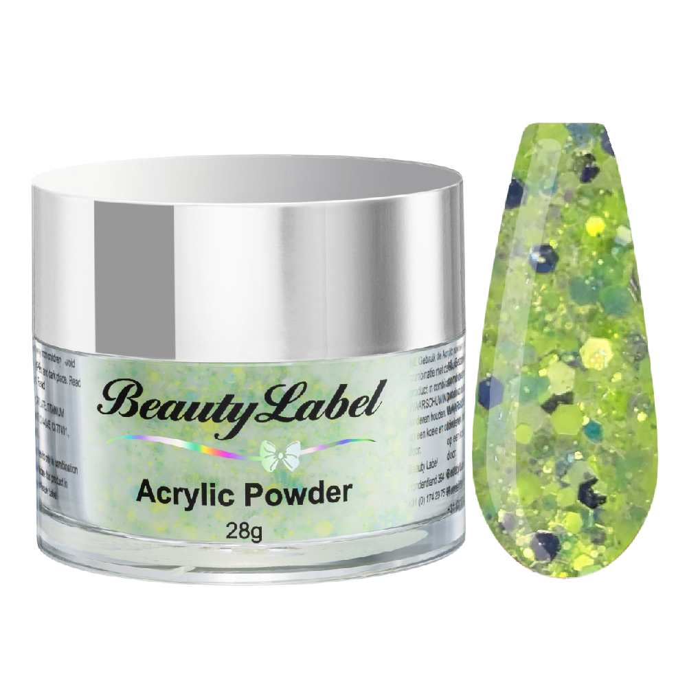 Beauty Label Acrylic Color Powder #66 in transparante kleur met groen en zilveren glitter, ideaal voor een sprankelende en frisse nagelafwerking.