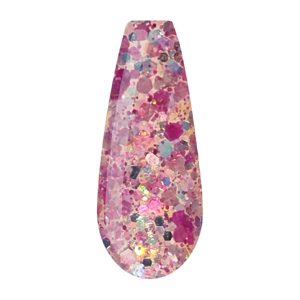 Beauty Label Acrylic Color Powder #68 in transparante kleur met paars en multi color glitter, ideaal voor een levendige en speelse nagelstyling.