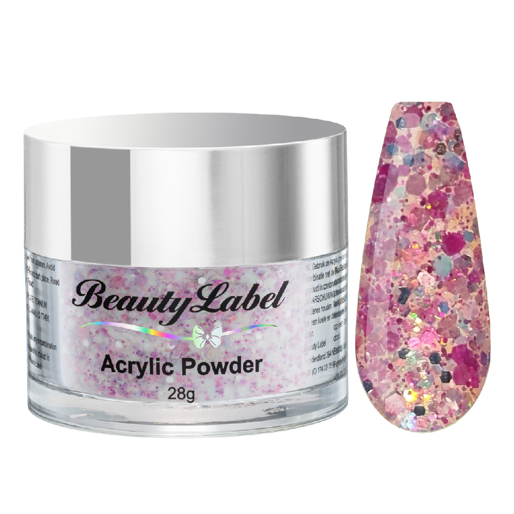 Beauty Label Acrylic Color Powder #68 in transparante kleur met paars en multi color glitter, ideaal voor een levendige en speelse nagelstyling.