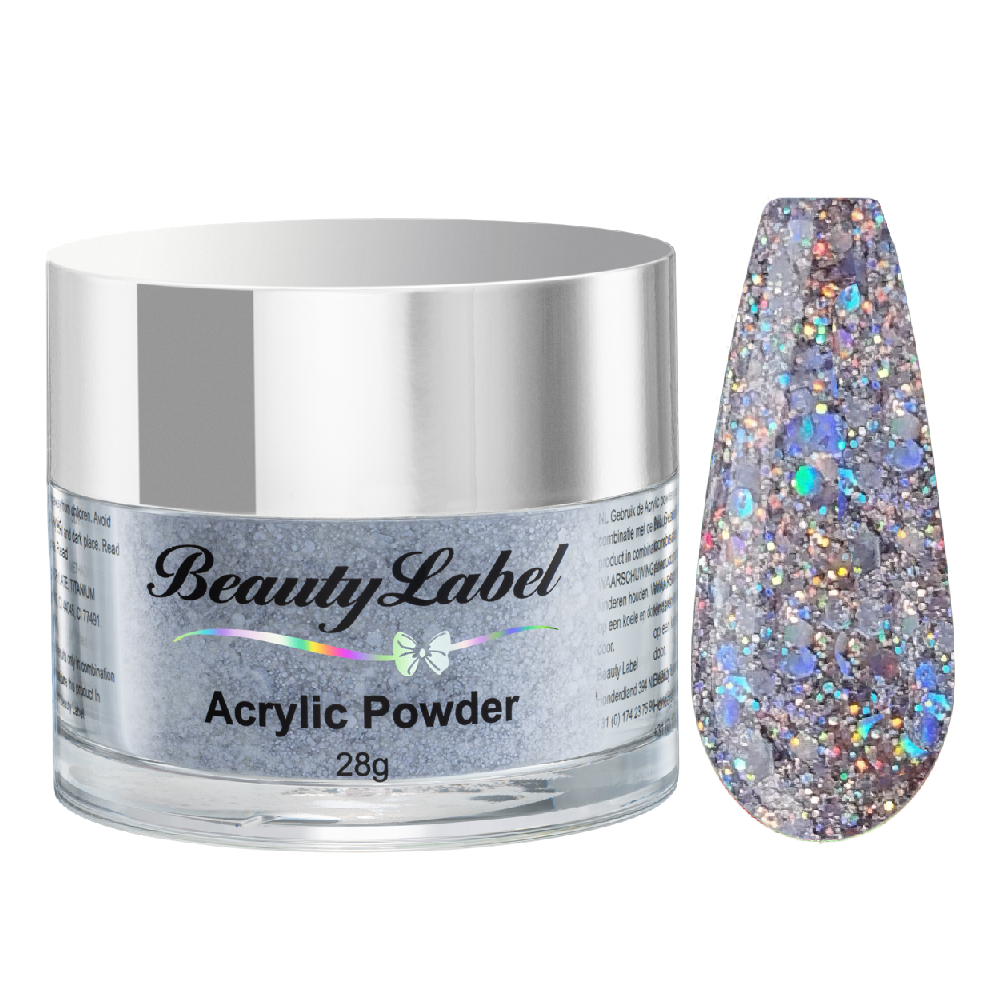 Beauty Label Acrylic Color Powder #70 in paarse kleur met paarse glitter, ideaal voor een glamourous en glinsterende nagellook.