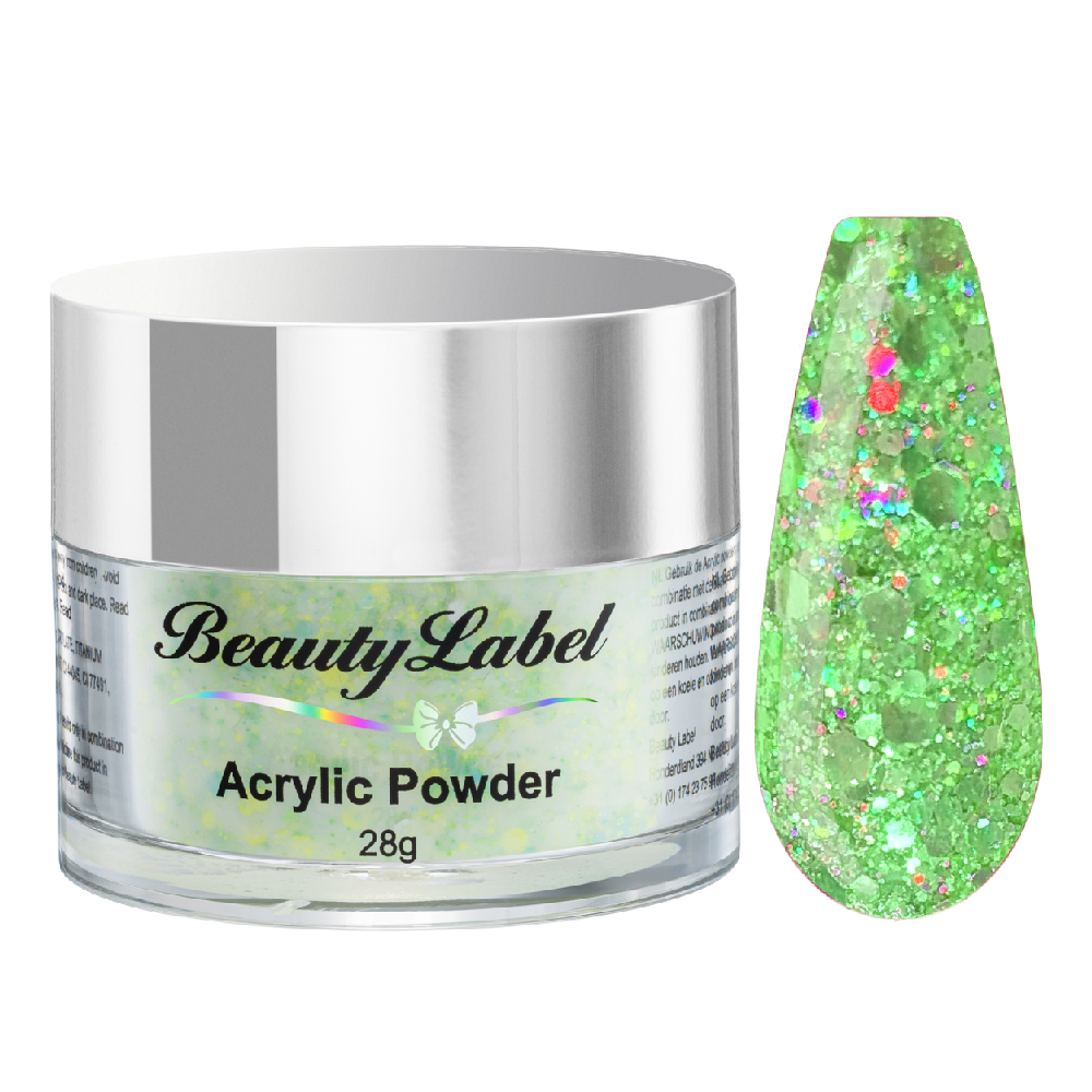Beauty Label Acrylic Color Powder #71 in groene kleur met groene glitter, perfect voor een levendige en glinsterende nagellook.
