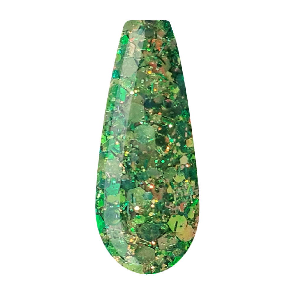 Beauty Label Acrylic Color Powder #75 in groene kleur met groene glitter, perfect voor een frisse en glinsterende nagelafwerking.