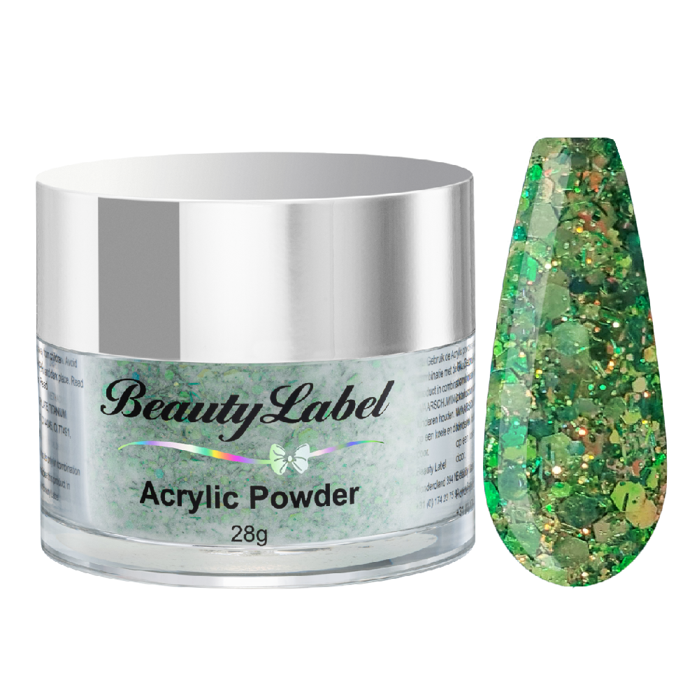 Beauty Label Acrylic Color Powder #75 in groene kleur met groene glitter, perfect voor een frisse en glinsterende nagelafwerking.