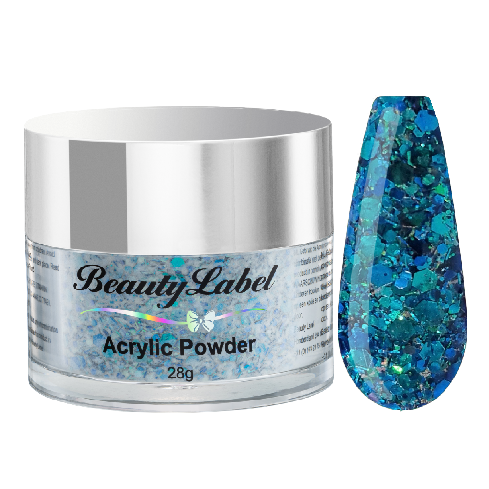 Beauty Label Acrylic Color Powder #78 in donkerblauwe kleur met donkerblauwe glitter, ideaal voor een diepe, glinsterende blauwe nagellook.