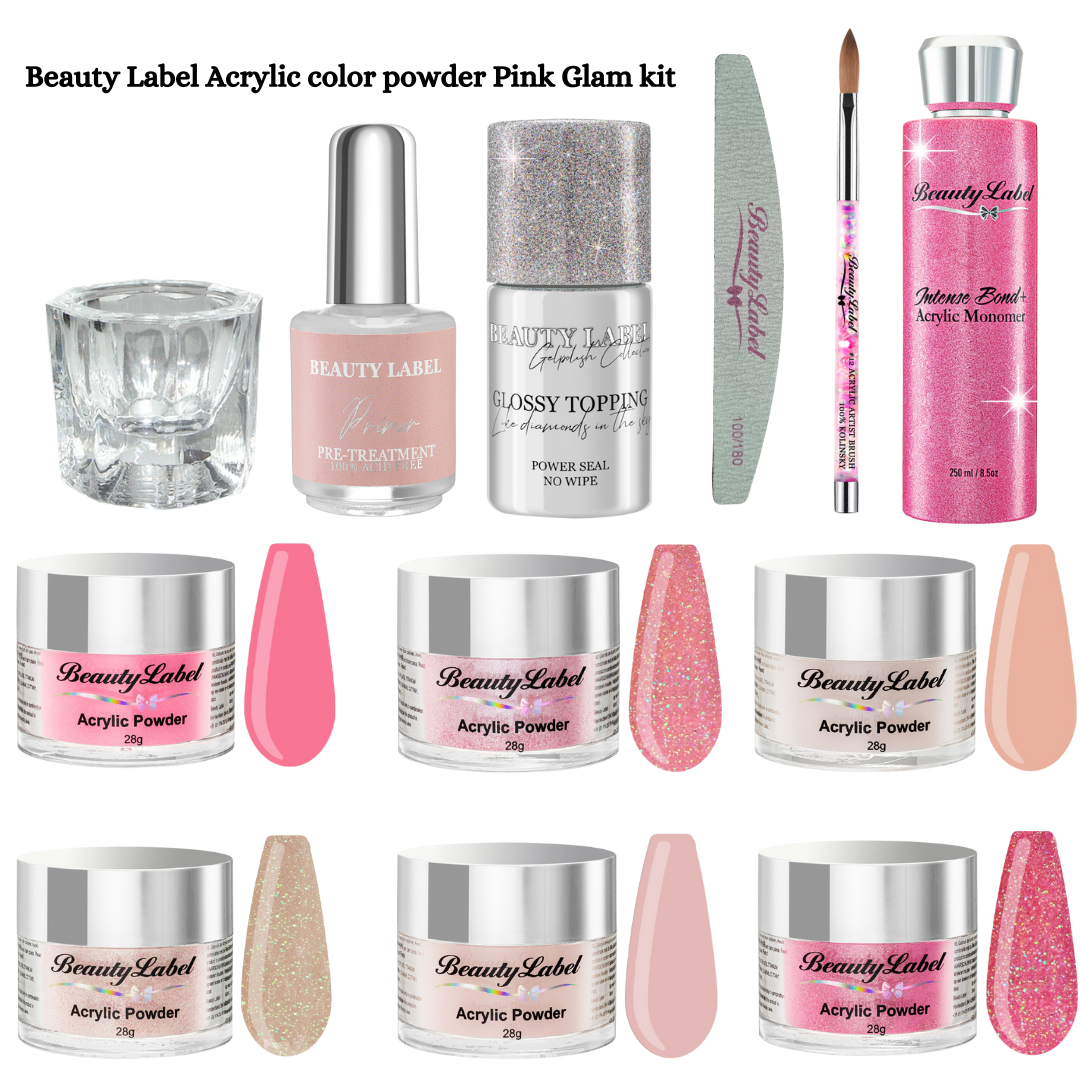Beauty Label Acrylic Color Powder Pink Glam Kit, een set van prachtige roze tinten voor glamoureuze nagelcreaties.