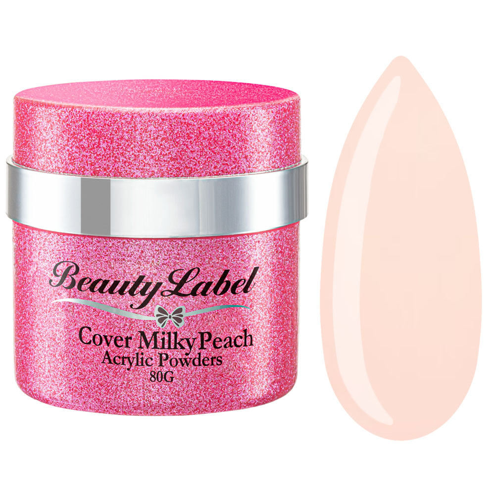 Beauty Label Acrylic Powder - Cover Milky Peach, een zachte perzikkleurige acrylpoeder met melkachtige finish, perfect voor een subtiele en frisse uitstraling.