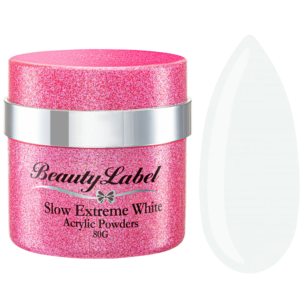 Beauty Label Acrylic Powder - Slow Extreme White, een intens witte acrylpoeder met langzamere uithardingstijd voor perfecte french designs en precisiewerk.