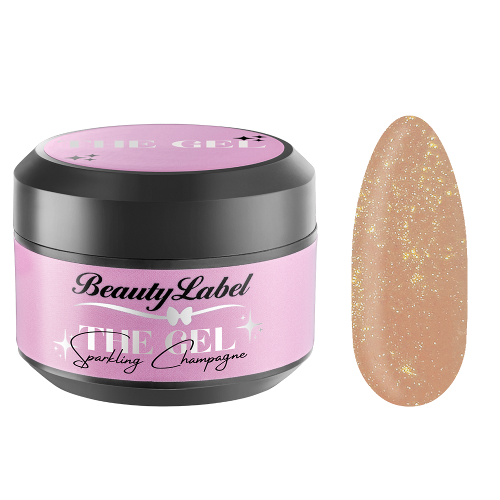 Beauty Label Builder Gel - Sparkling Champagne, een elegante champagnekleurige bouwgel met subtiele glitters, ideaal voor een chique nagellook.