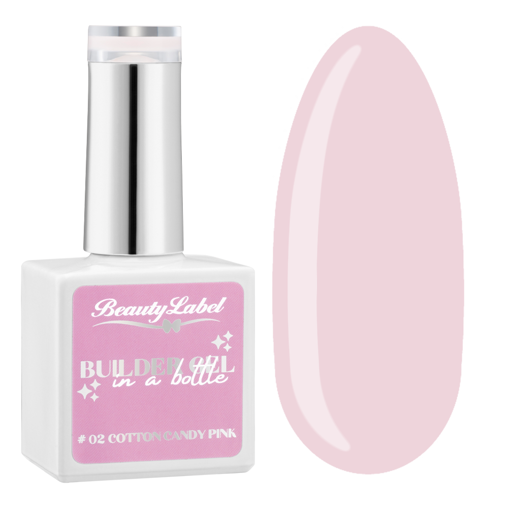 Beauty Label Builder in a Bottle #02 Cotton Candy Pink met een zoete lichtroze tint geïnspireerd op suikerspin