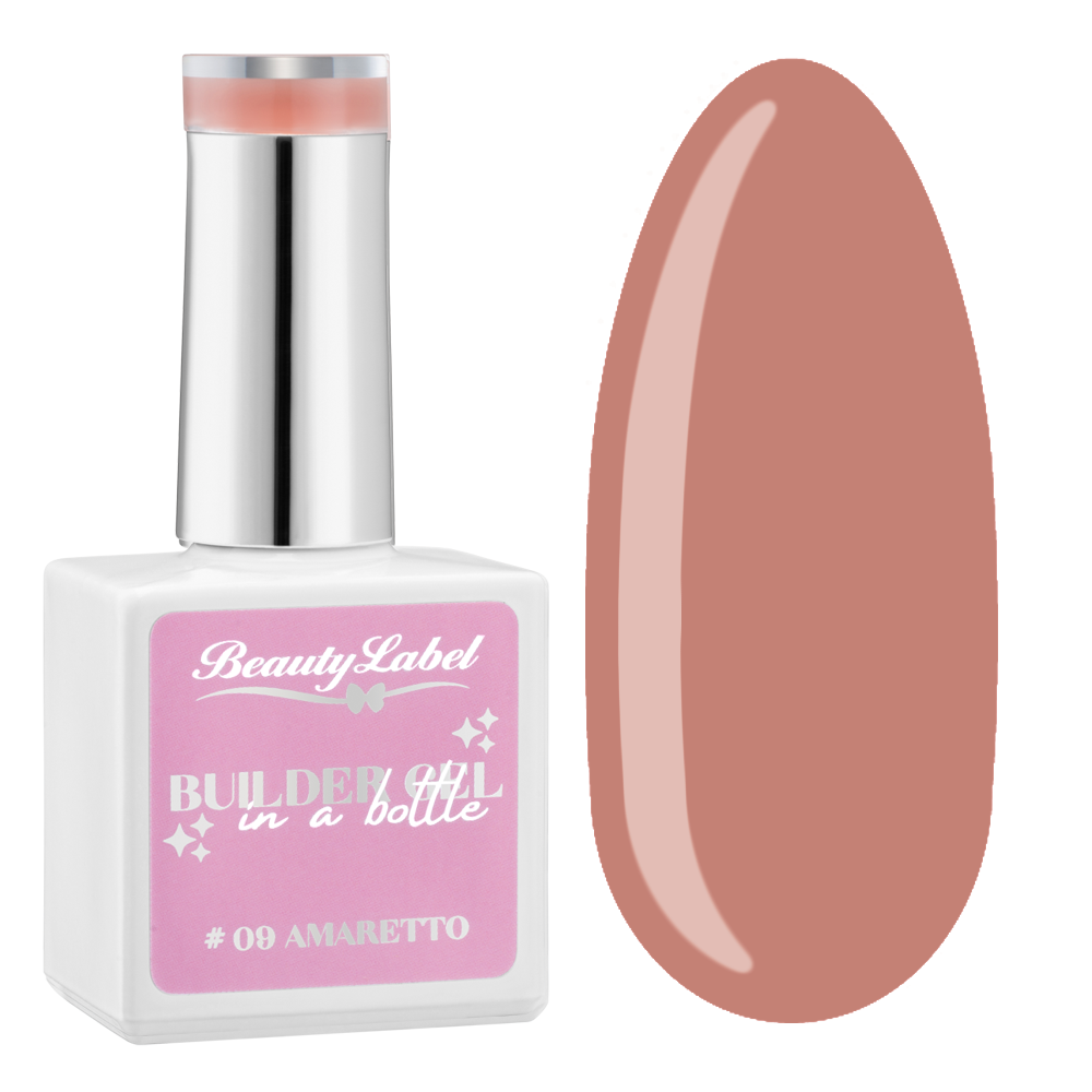 Beauty Label Builder in a Bottle #09 Amaretto met een warme beige-bruintint geïnspireerd op de klassieke likeur