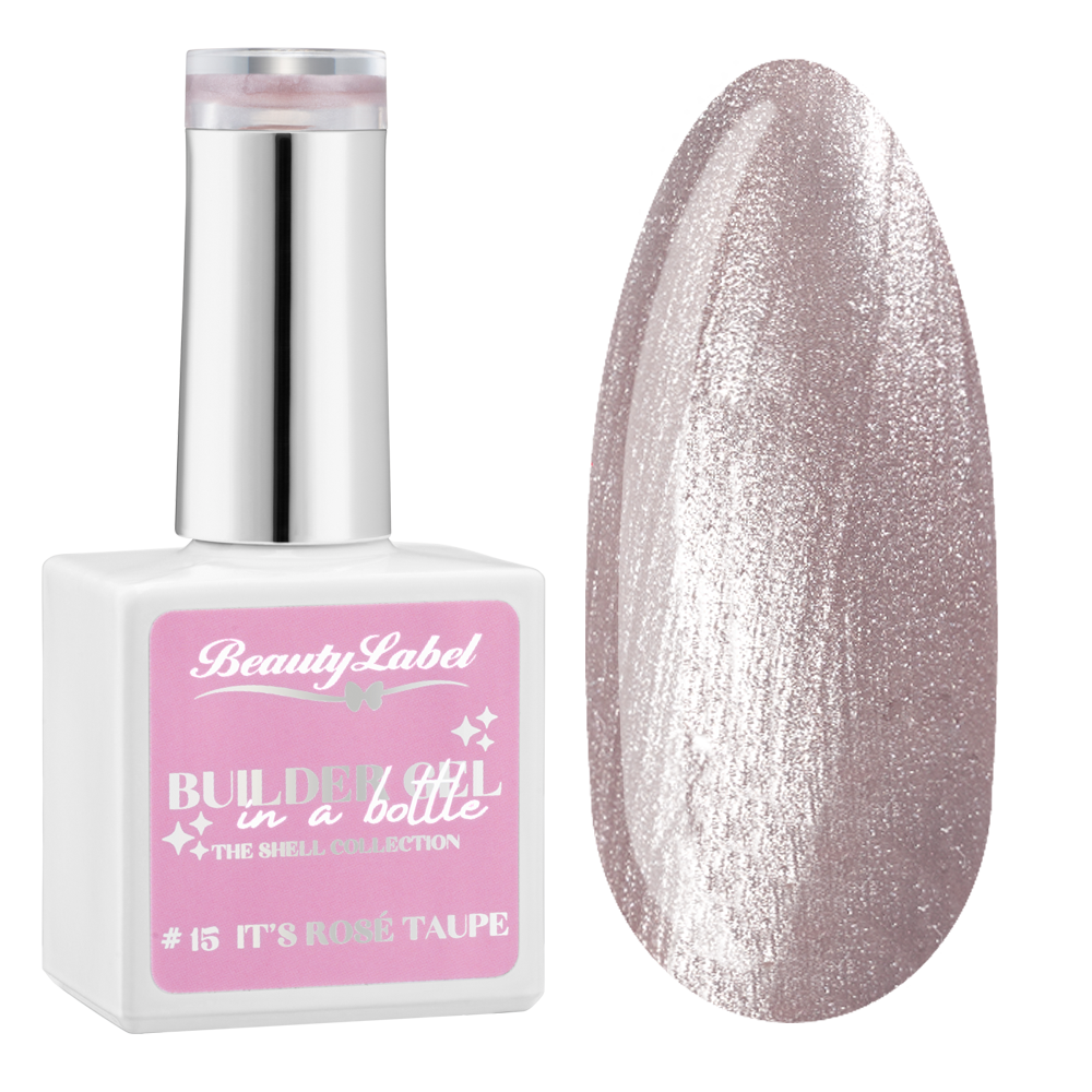 Beauty Label Builder in a Bottle #15 It’s Rosé Taupe uit The Shell Collection met een elegante rosé-taupe tint en zachte parelmoerglans