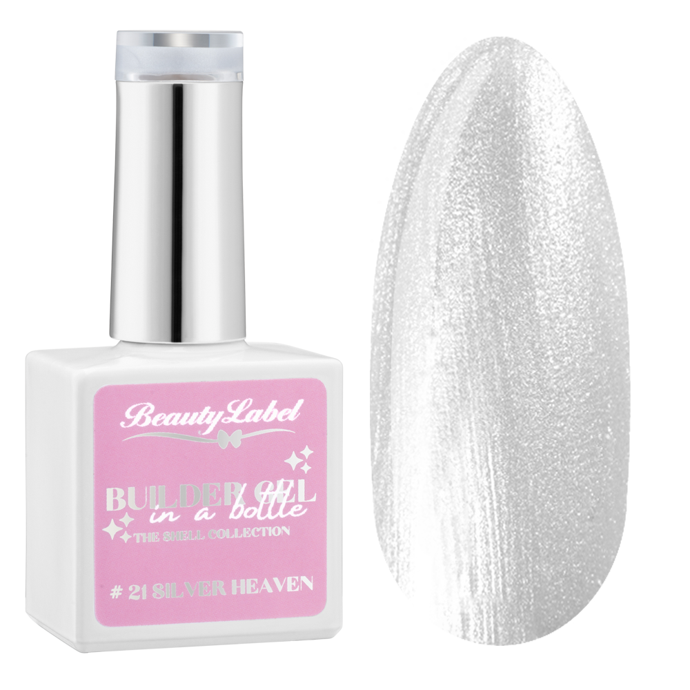 Beauty Label Builder in a Bottle #21 Silver Heaven uit The Shell Collection met een heldere zilveren glans en parelmoer effect
