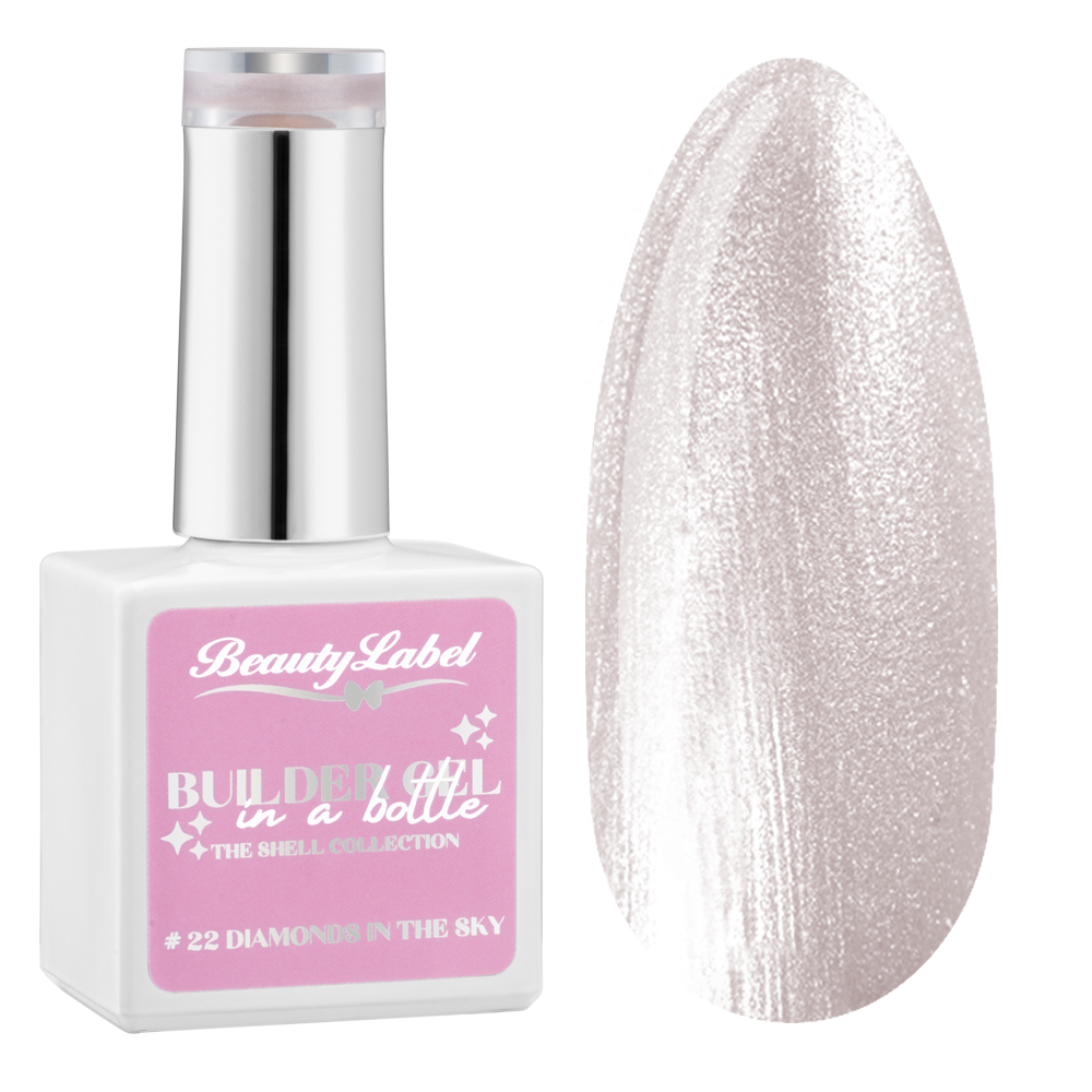 Beauty Label Builder in a Bottle #22 Diamonds in the Sky uit The Shell Collection met een sprankelende zilvergrijze pareltint