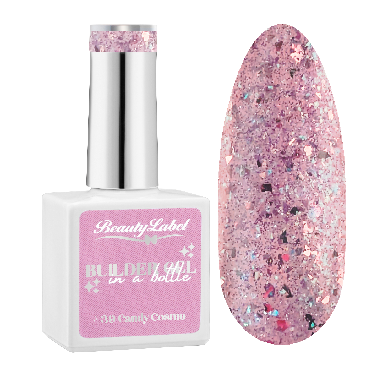Beauty Label Builder in a Bottle #39 Candy Cosmo met een speelse, lila tint en glitters in de afwerking