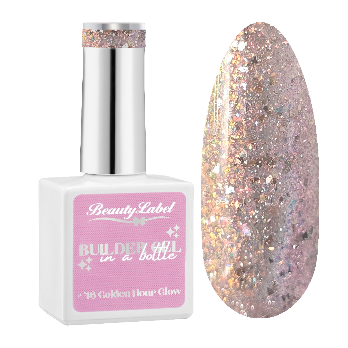 Beauty Label Builder in a Bottle #46 Golden Hour Glow met paarse en rose en gouden glitters