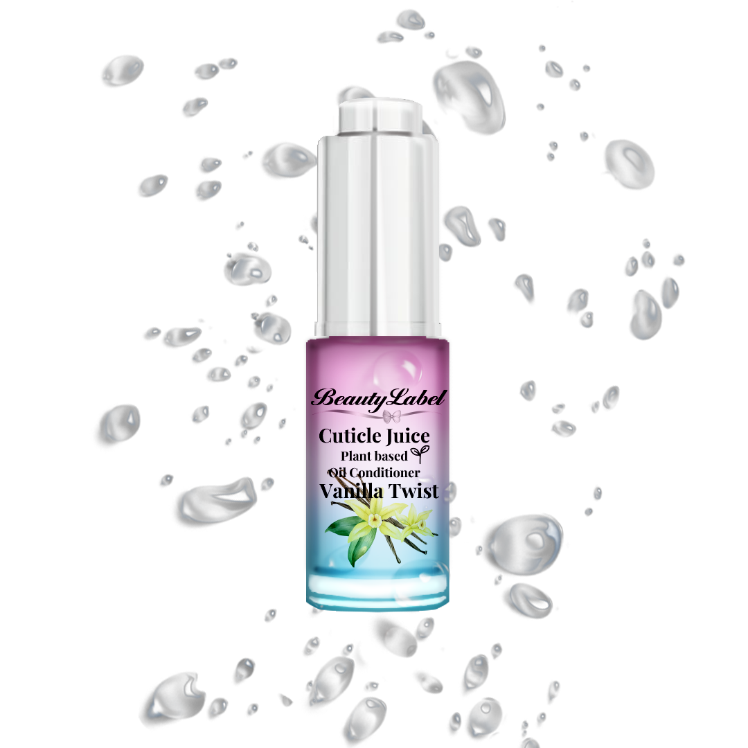 Beauty Label Cuticle Juice met vanille twist geur, voedende nagelriemolie voor nagelstylisten.