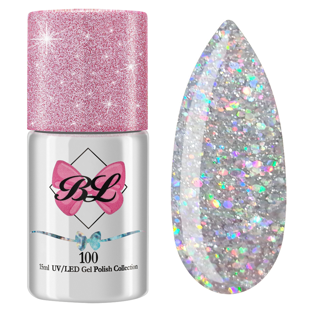 Beauty Label Gelpolish #100 in een zilveren glitterkleur – sprankelende en luxe afwerking voor een glamoureuze nagelstijl.