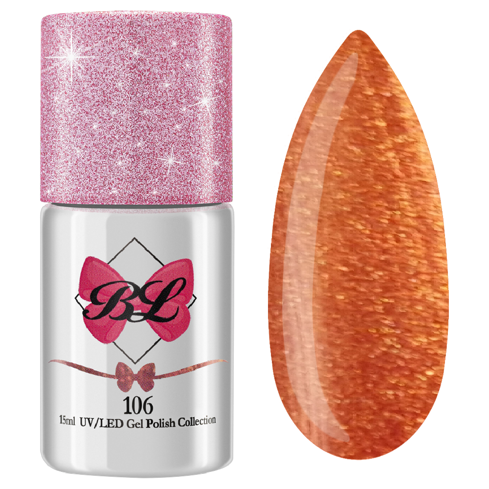 Beauty Label Gelpolish #106 in een oranje brons kleur met glitter – warme, glinsterende tint voor een opvallende en luxe nagelstijl.