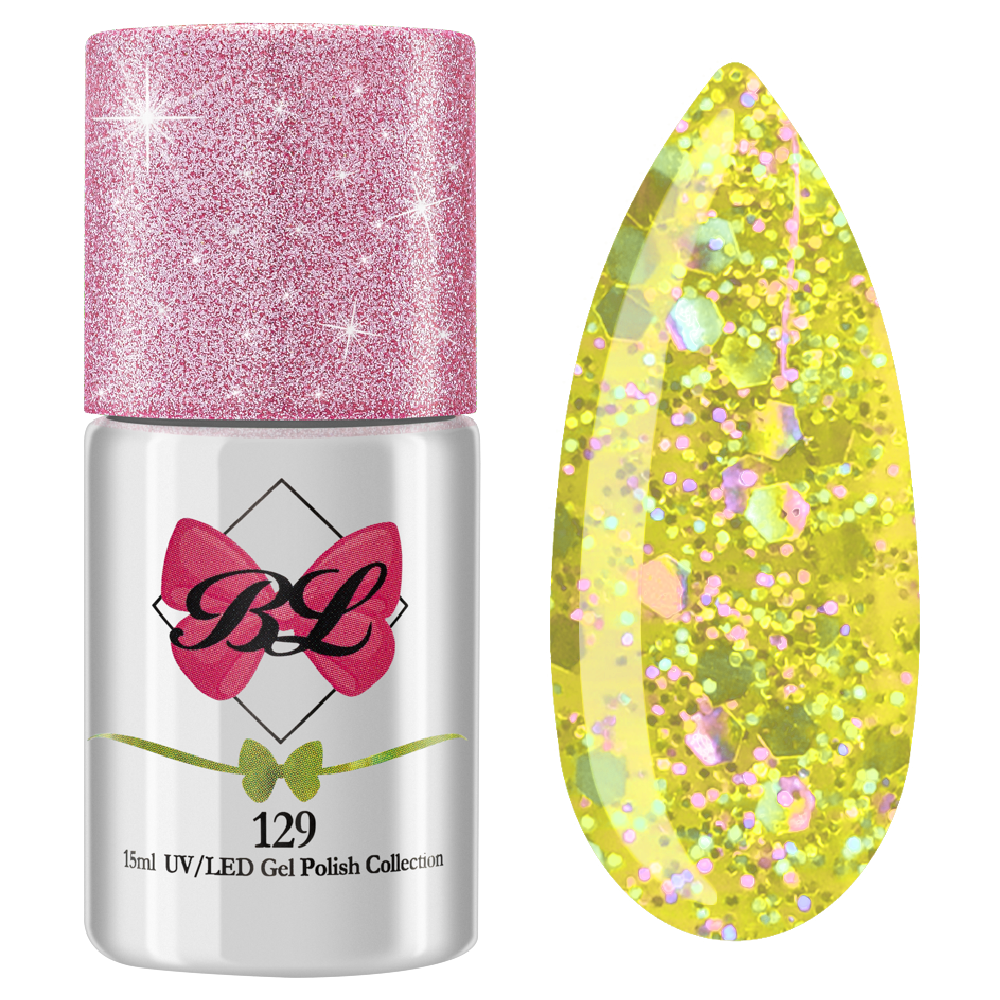 Beauty Label Gelpolish #129 in geel met grote glitters – een opvallende en glinsterende nagellook.