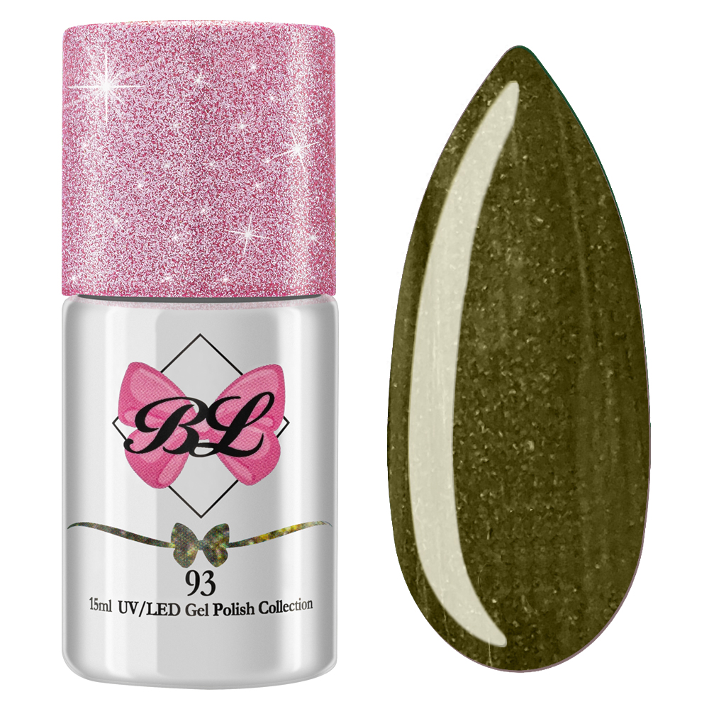Beauty Label Gelpolish #93 in een groen/bruinachtige kleur met metallic shimmer – unieke tint met luxe glans en perfecte dekking voor nagelstylisten.