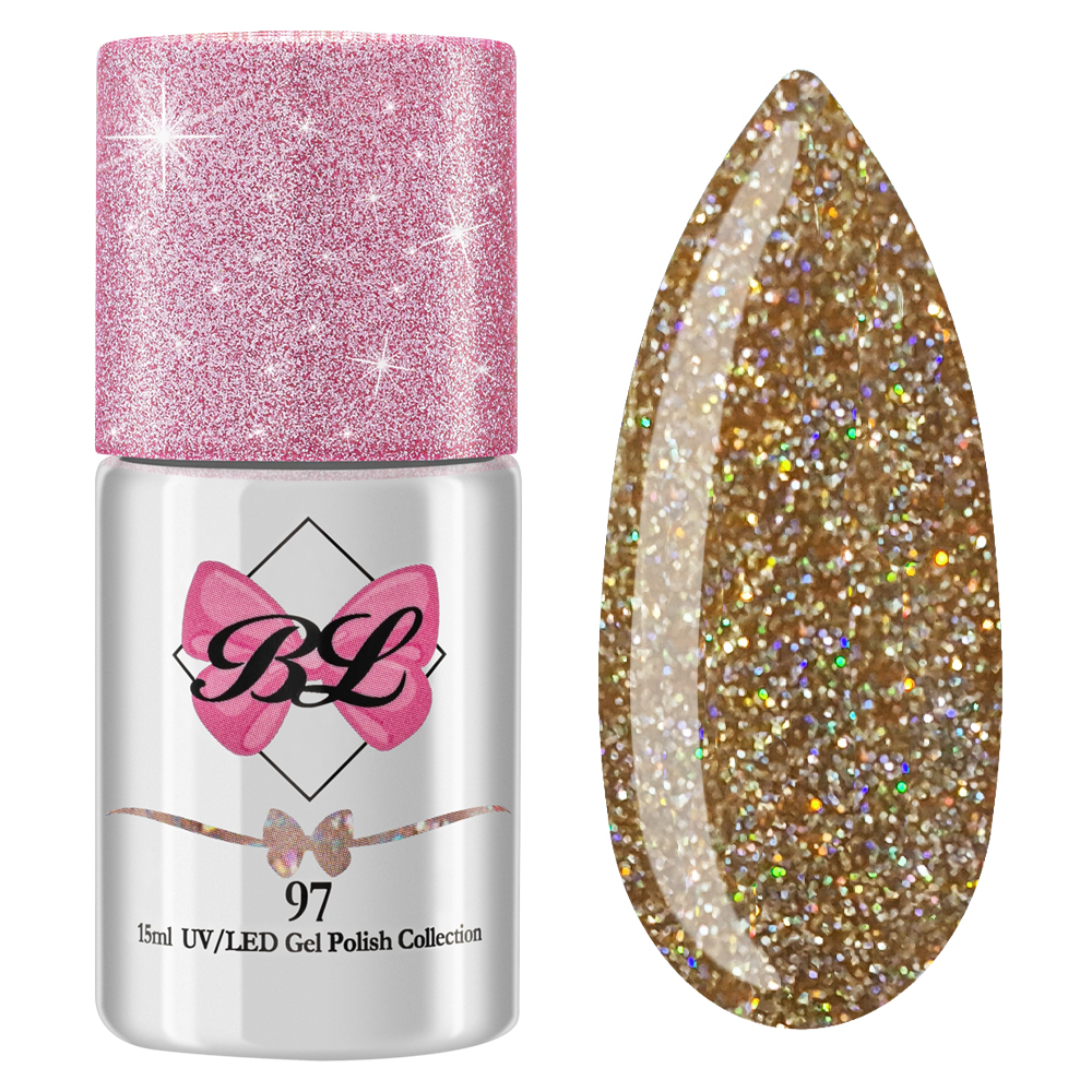 Beauty Label Gelpolish #97 in een gouden/champagne glitterkleur – luxe uitstraling met sprankelende glans voor nagelstylisten.