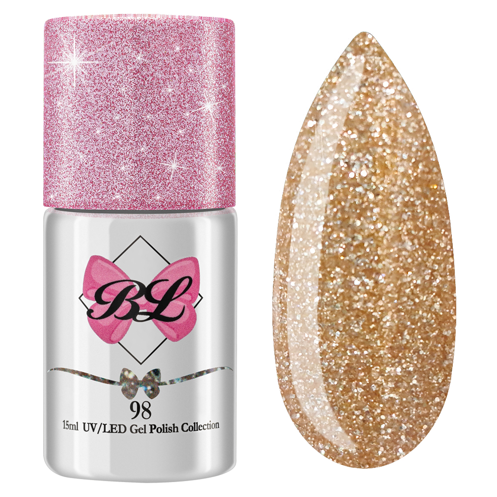 Beauty Label Gelpolish #98 in een gouden/champagne kleur met glitter – luxe glans en sprankeling voor een verfijnde nagelstijl.