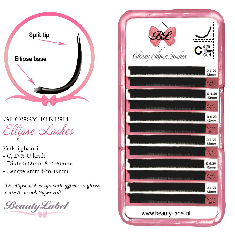Beauty Label Glossy Ellipse Lashes C Krul – Platte wimperextensions met zachte vezels en verbeterde hechting. Flat lashes in glanzende afwerking voor een volle, comfortabele look.

