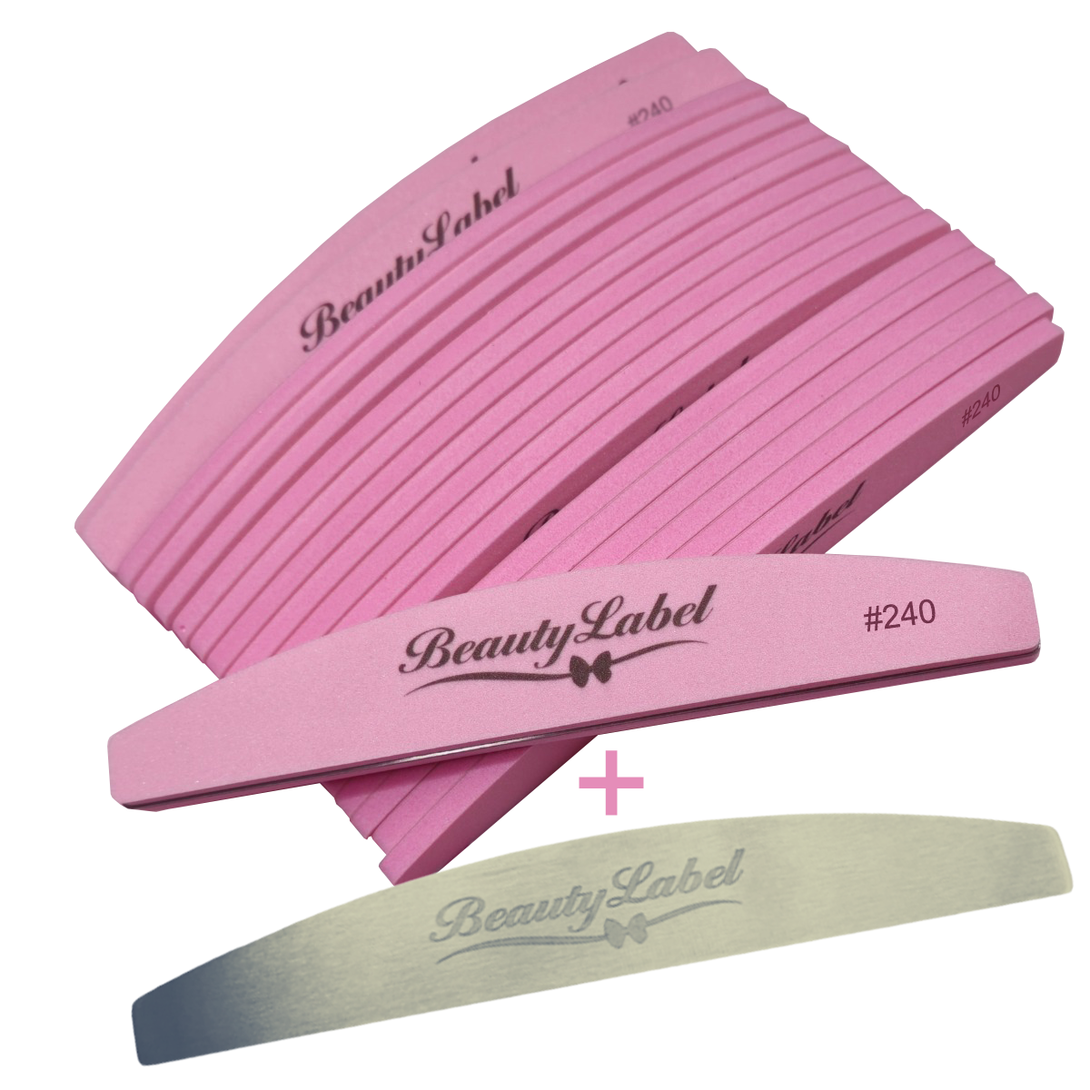 Set van 20 Beauty Label hygiëne buffer vijlen met 240 grit en metalen handvat – voor gladde afwerking van nagels, geschikt voor professioneel gebruik.