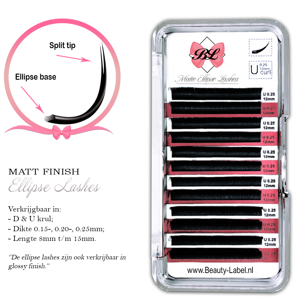eauty Label Matte Ellipse Lashes U Krul – Zachte, diepzwarte matte flat lashes met U-krul en platte aanzet voor optimale hechting en draagcomfort. Mixtray met lengtes 8 t/m 15mm, topkwaliteit voor professioneel gebruik.