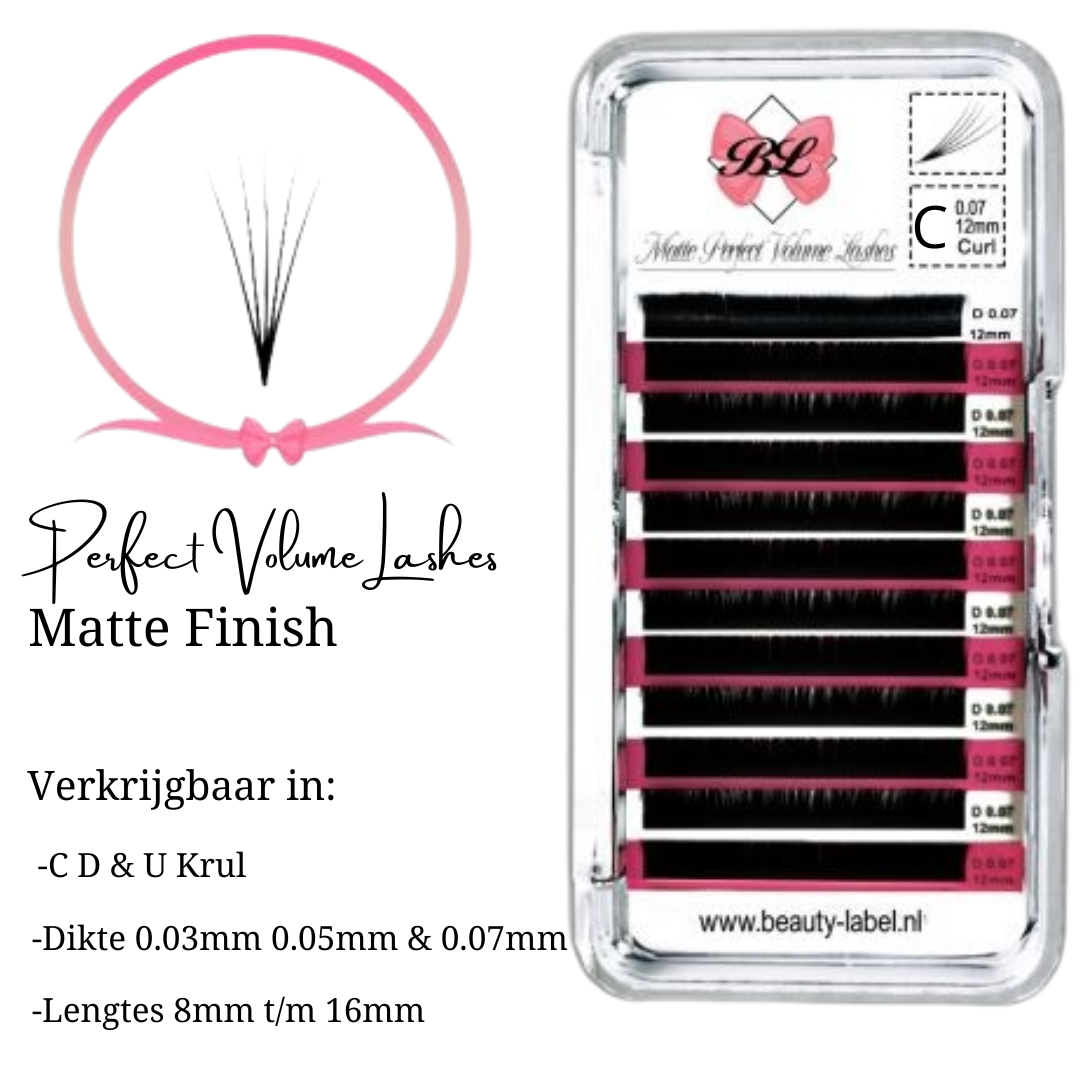 Beauty Label Matte Perfect Volume C Krul Wimperextensions - Intens matte, superzwarte volume wimpers van hoge kwaliteit. Perfecte waaiering en natuurlijk effect, verkrijgbaar in lengtes 7 t/m 15mm en mixtray van 8 t/m 15mm.