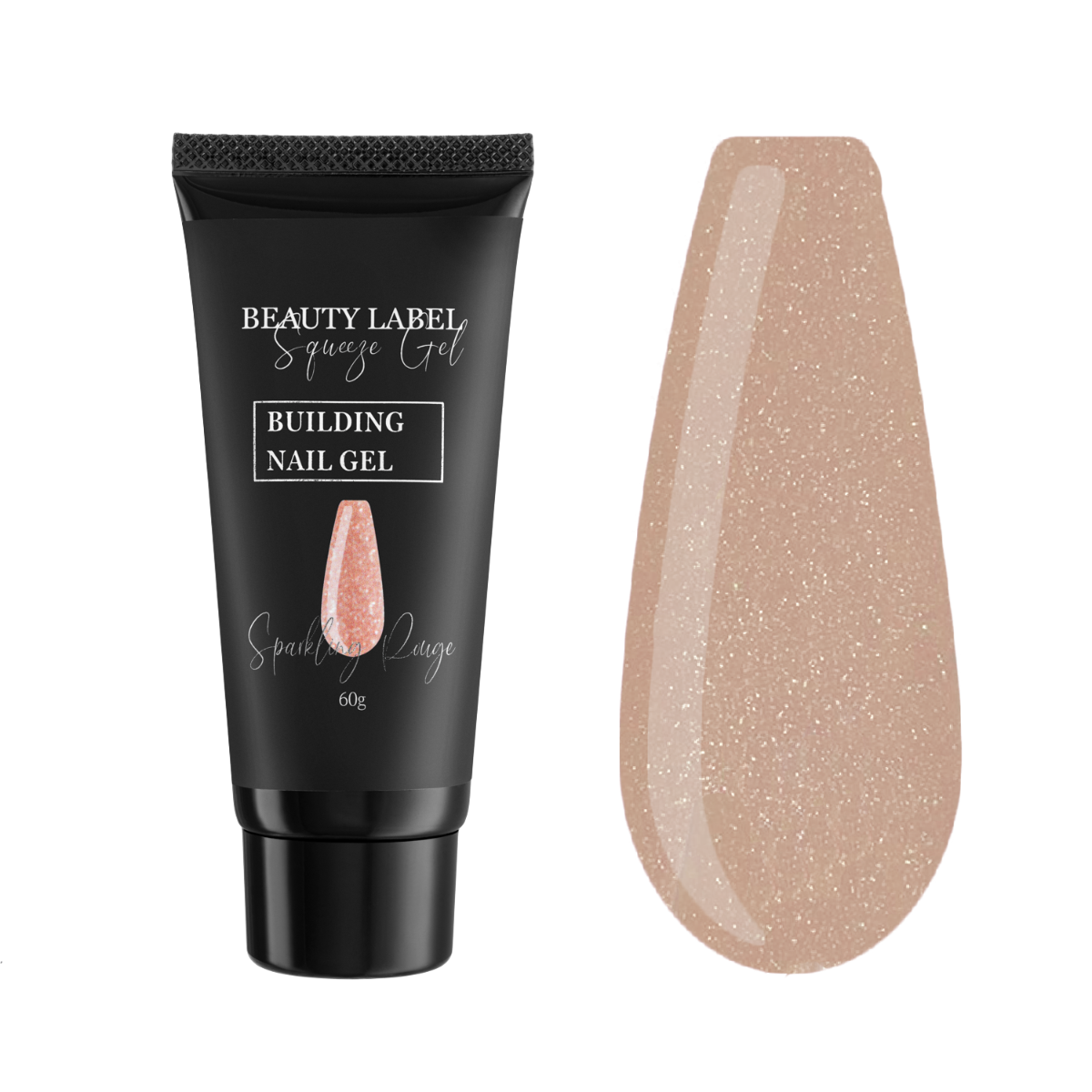 "Beauty Label Squeeze Gel Sparkling Rouge, zelfmodellierende gel in een elegante rode tint met een sprankelende finish voor stijlvolle nagelverlenging en -versteviging."