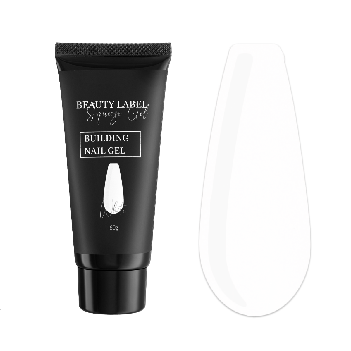 "Beauty Label Squeeze Gel White, zelfmodellierende gel in een heldere witte tint voor strakke nagelverlenging en -versteviging."