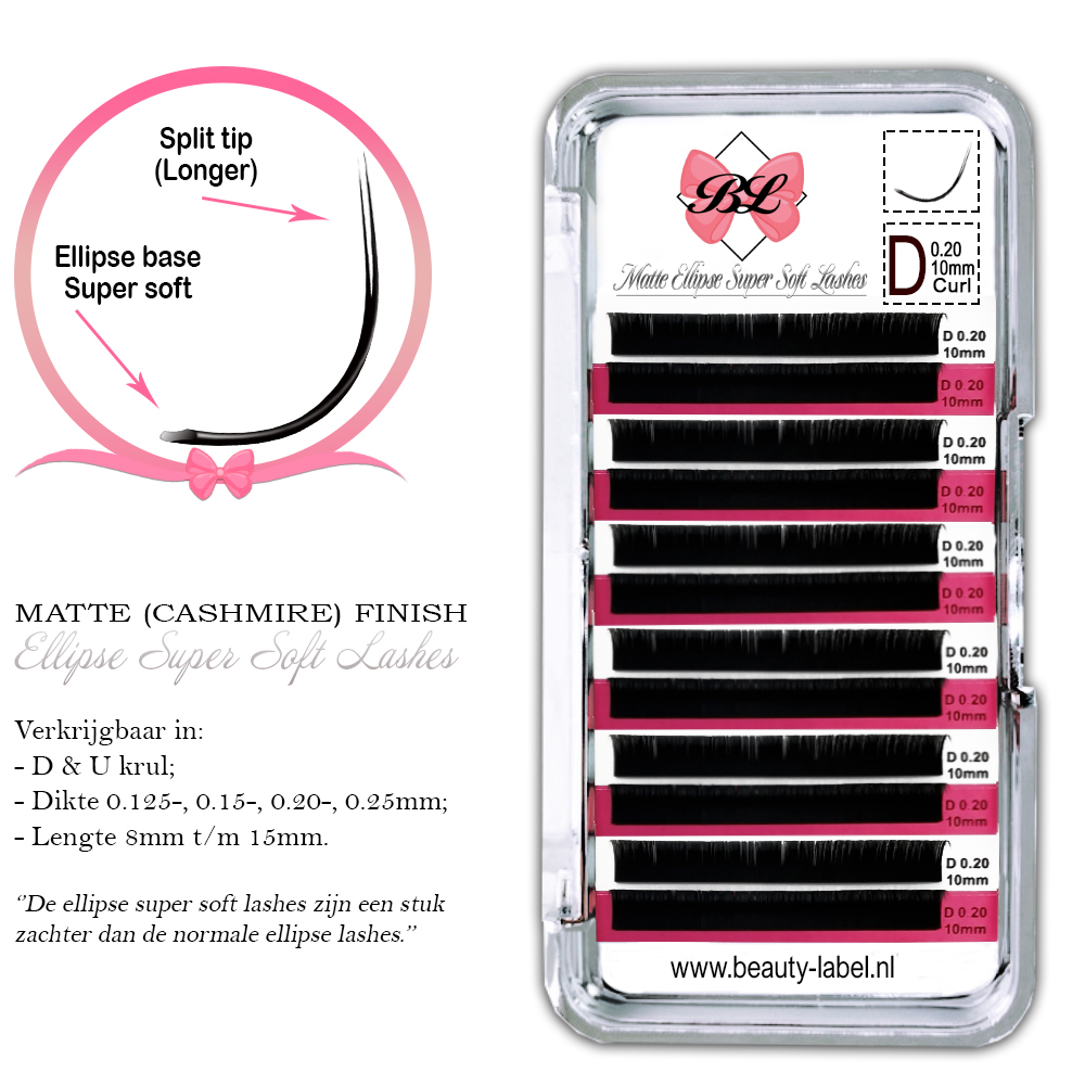 Beauty Label Super Soft Matte Ellipse (Split Tip) D-krul – Superzachte flat lashes met gespleten punt voor een vol en intens resultaat, met sterke krul en perfecte hechting.