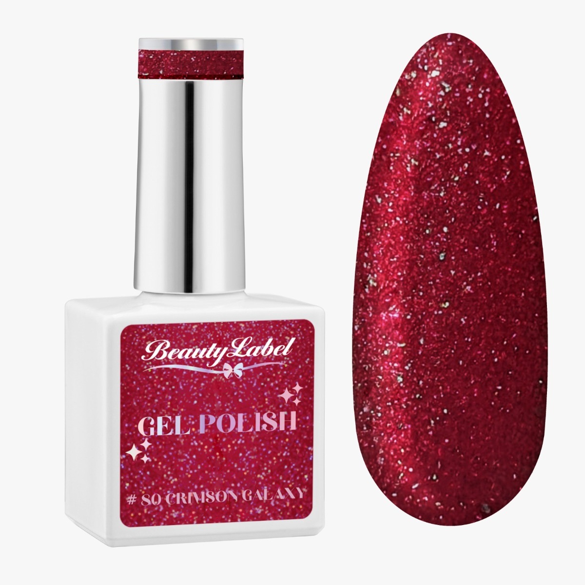 Beauty Label Gelpolish #80 in een warme paarse kleur met een schitterende glitterfinish – luxe uitstraling en intense dekking voor nagelstylisten.