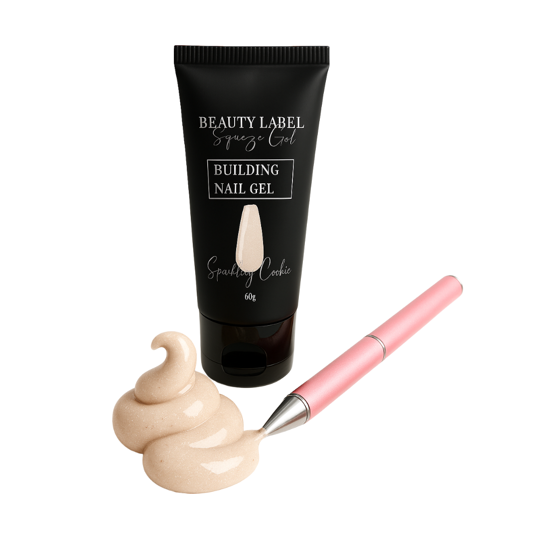 "Beauty Label Squeeze Gel Sparkling Cookie, zelfmodellierende gel in een warme beige tint met een sprankelende finish voor elegante nagelverlenging en -versteviging."